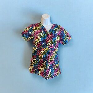 Wonderwink Womens Scrub Top XS Multicolor Animal Print Cotton Workwear